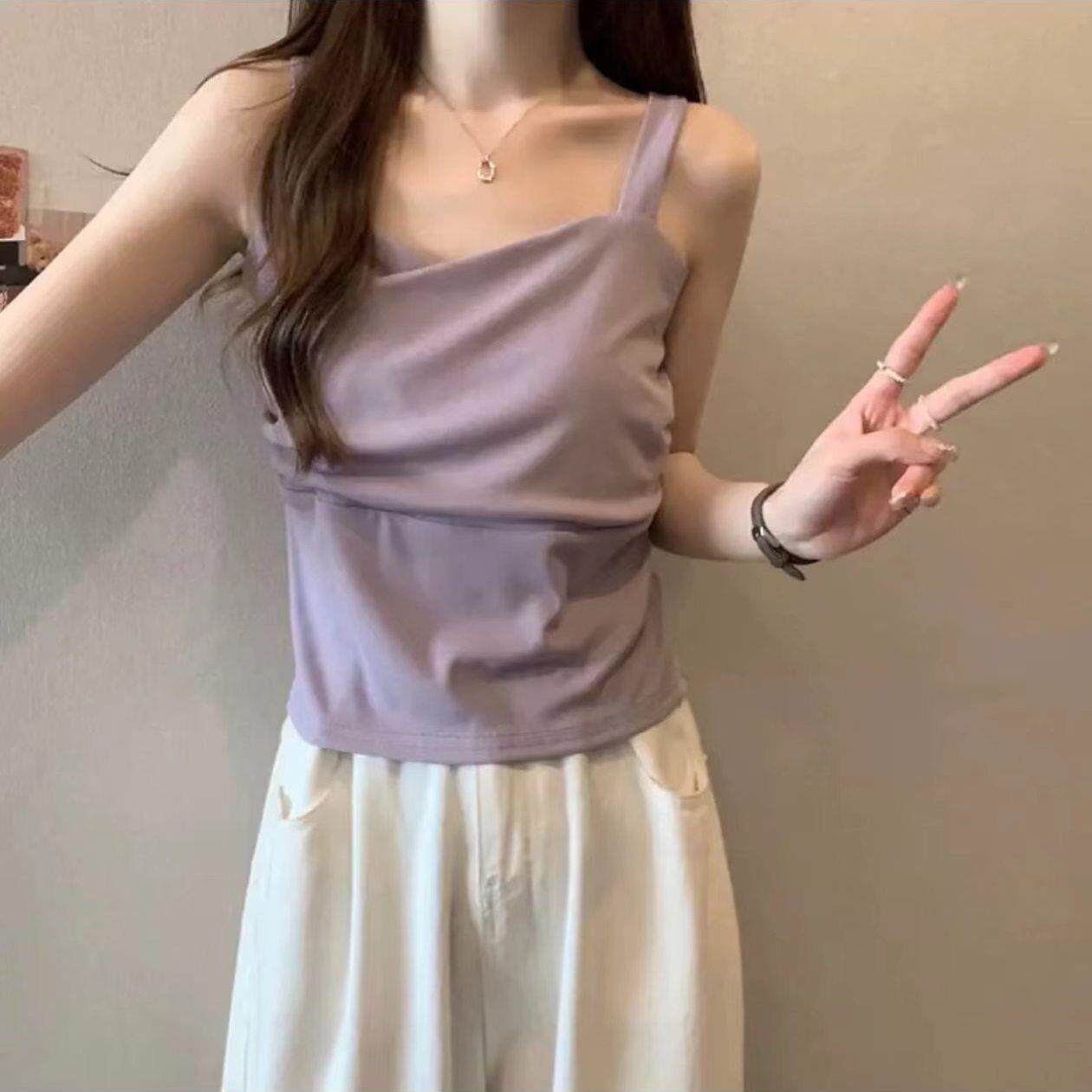 纯棉白色褶皱吊带背心女春秋季西装内搭修身显瘦短款无袖打底上衣