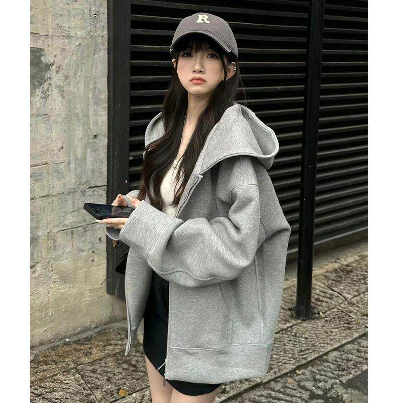 连帽卫衣女春秋oversize薄款拉链开衫外套宽松韩系慵懒chic风上衣
