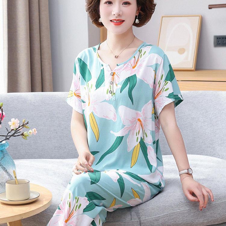 睡衣女短袖长裤人造棉绸中老年人妈妈绵绸薄款女士夏季家居服套装
