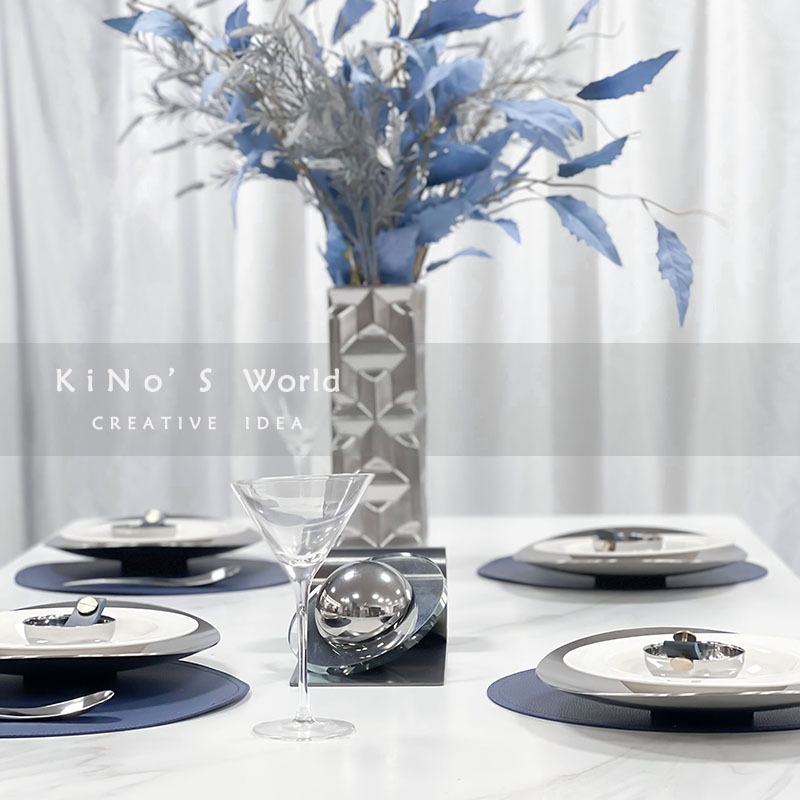 现代简约餐具摆件蓝色系餐厅软装饰品餐盘花瓶样板房展厅餐桌摆台