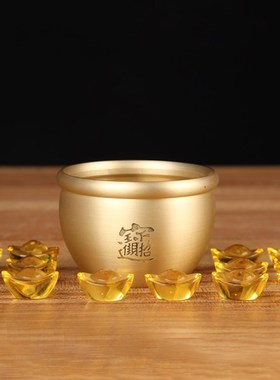 铜缸摆件 大水缸 小号铜缸摆件配水晶元宝