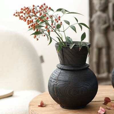 侘寂风原木干花花瓶摆件客厅插花仿古民宿高级感餐桌装饰花器软装