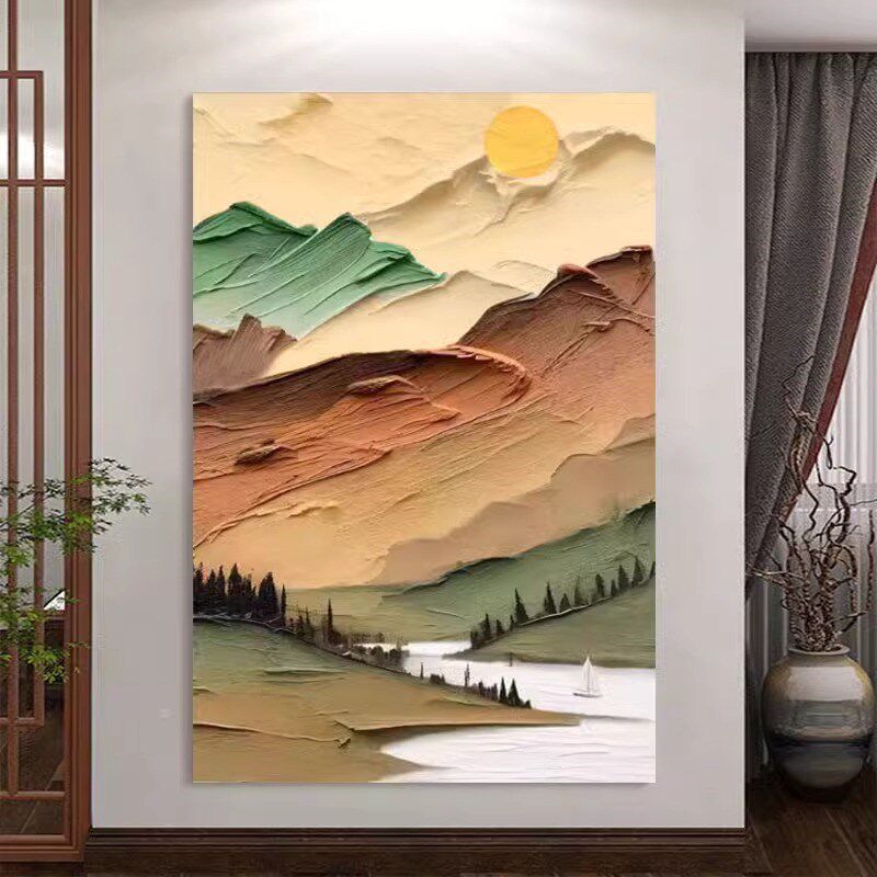 奶油风抽象日出客厅装饰画山水风景手绘油画大芬村玄关挂画肌理画
