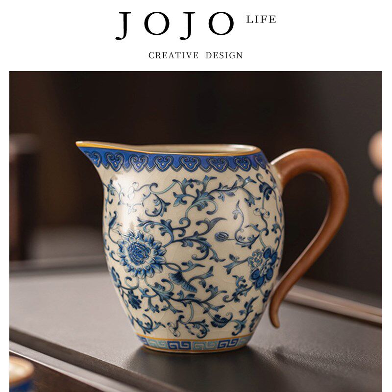 JOJOS L. PD.紫泉涧.米黄汝窑青花公道杯陶瓷功夫茶具茶道 站姿