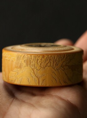精品纯手工制作留青雕刻山水老玉竹转钱赚钱手把件竹雕把玩件