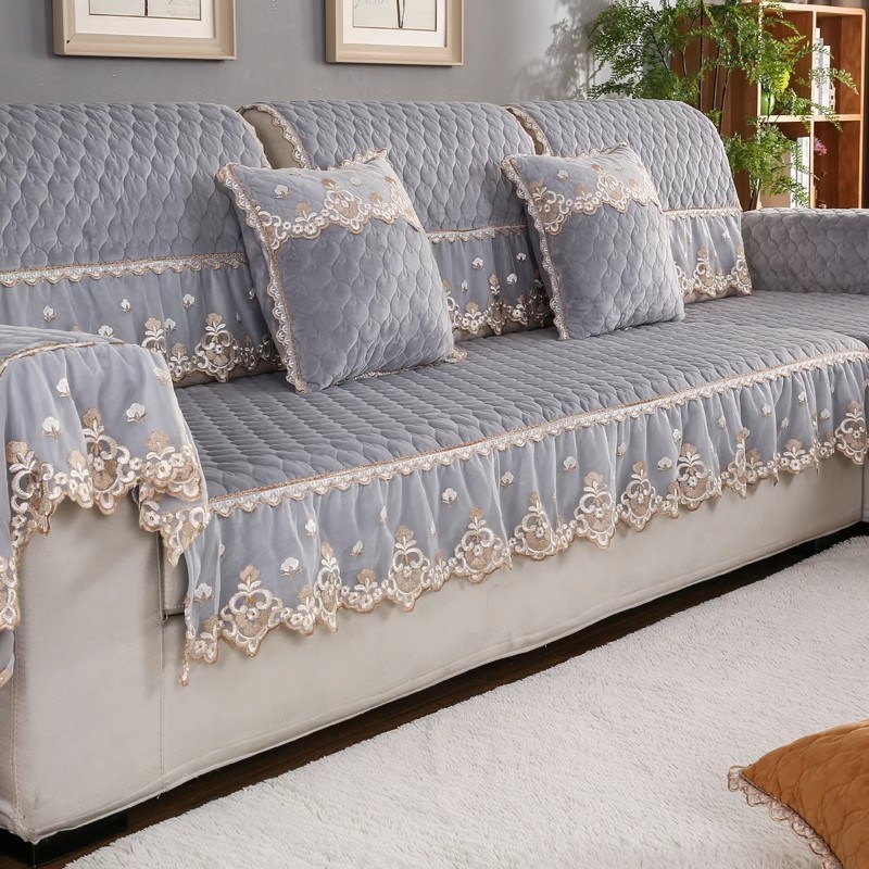 水晶绒沙发垫灰色欧式防滑四季通用全包沙发套巾罩加厚布艺定做新