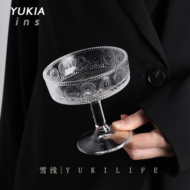 Yuki雪浅中古玻璃杯 欧式鸡尾酒杯复古刻花高脚杯 甜品杯雪糕杯子