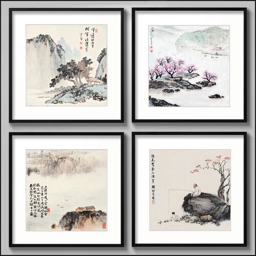 水墨中式画现代客厅装饰画有框画国画酒店饭店餐厅壁画山水墙挂画