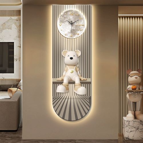 奶油风暴力熊玄关装饰画钟表挂钟客厅电视背景墙创意艺术时钟挂墙