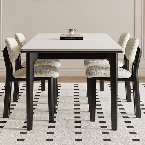 德利丰实木岩板餐桌家用小户型黑色法式奶油中古风高端全托饭桌子