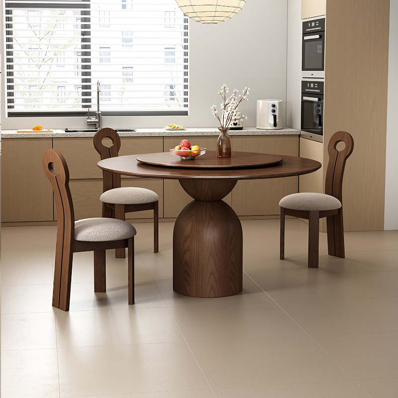 爱莱家白蜡木中古风圆形餐桌胡桃色圆桌家用小户型设计师实木餐桌