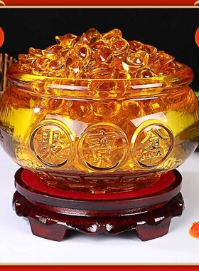 琉璃聚宝盆摆件鱼缸造景黄水晶琉璃元宝开业乔迁礼品客厅家居装饰