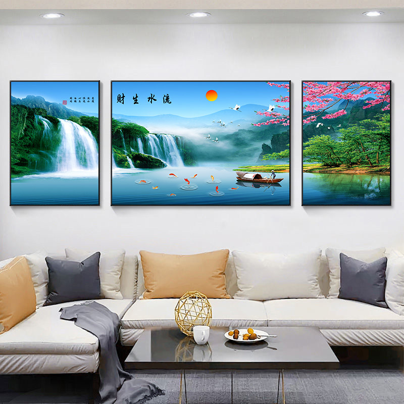 山水风景客厅装饰画沙发背景墙挂画大气流水生财自然美景三联壁画