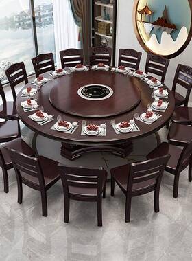 实桌木餐椅组合中式圆形家大用1MLP0人吃饭桌子带转盘橡1.8米木圆