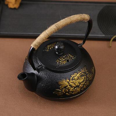新款涂层铸铁铁壶用无创意生-功夫家茶壶花开富贵描金礼品壶