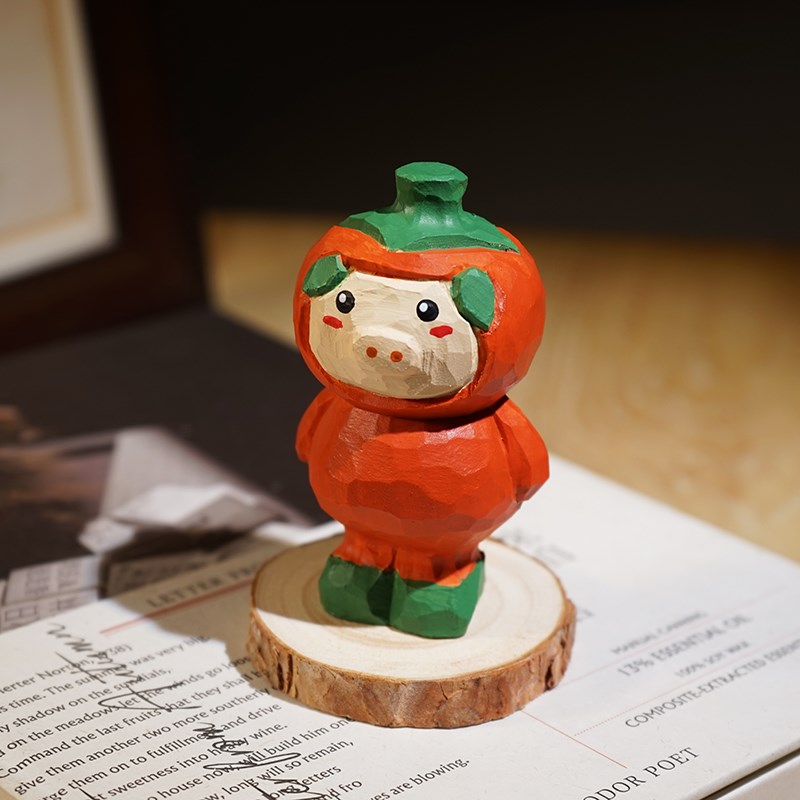 《猪柿顺利》皆宜手工木雕小摆件迷你卡通可爱动物木质雕刻创意