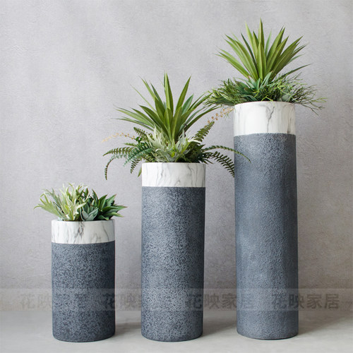 现代欧式圆柱落地大花瓶玻璃钢花器酒店商场落地花艺软装饰品摆件