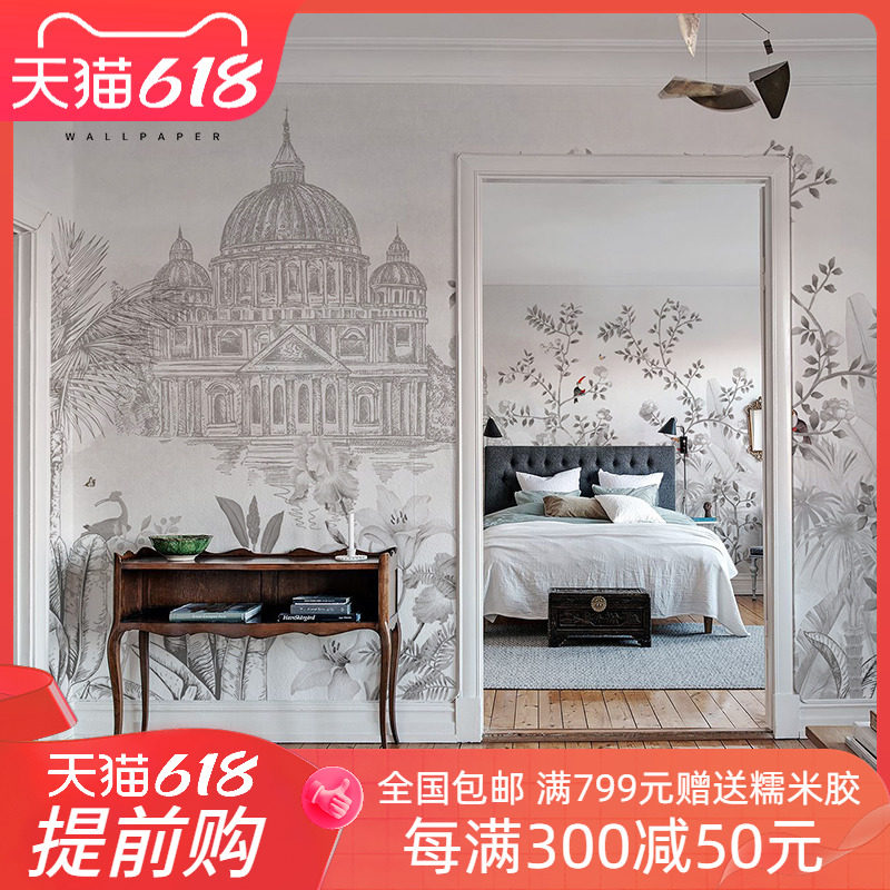 欧式城堡花园壁纸高端酒店工装墙布客厅餐厅墙纸电视背景墙壁画布