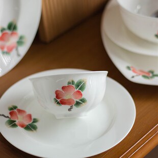 手绘椿 骨瓷家用圆形深菜汤盘大号汤面碗米饭碗陶瓷水果盘子鱼盘