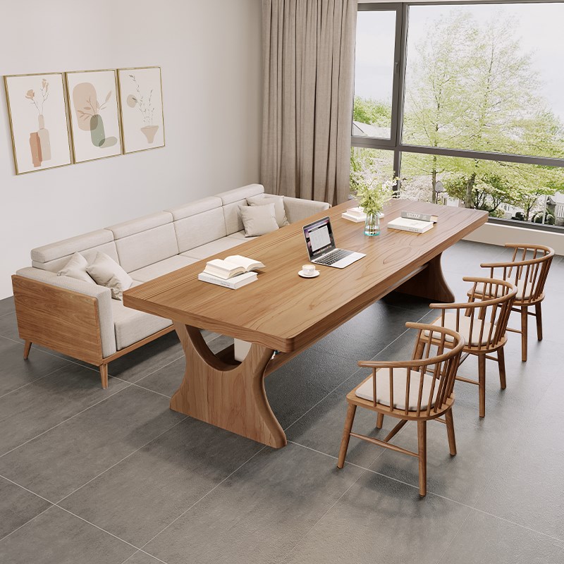 实木客厅双层大长书桌家用工作台办公桌休闲大板桌沙发多人学习桌