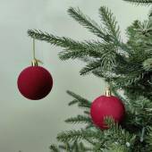 红502丝绒球6cm圣诞节圣诞球红色植绒绘彩圣诞酒树装 饰8cm色绒布