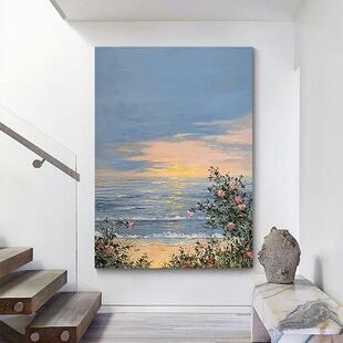 纯手绘油画日出花花海卉海浪景现海代简竖约装饰画客厅玄关版09挂