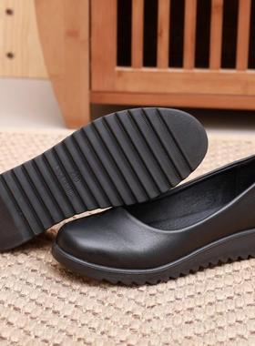 高档轻通便防滑厨房鞋上工班鞋黑色作平底女鞋懒人一脚蹬中老年皮