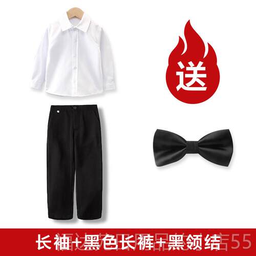 高档男童、女童白短袖衬衫及黑裤套服装白幼儿园儿童纯纯衬衫棉表
