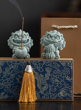 国潮风狮爷好柿花生一对茶宠摆件创意线香插香托茶室客厅桌面装饰