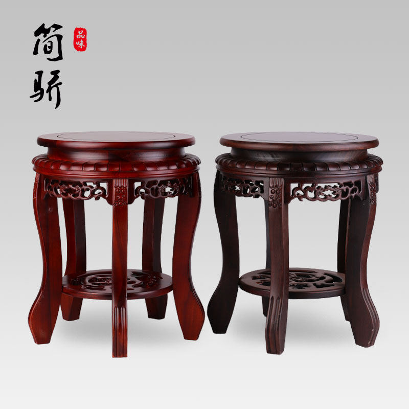 黑檀实木底座鸡翅木非酸枝鼓凳虎头几菊花凳圆形摆件花盆栽托架子