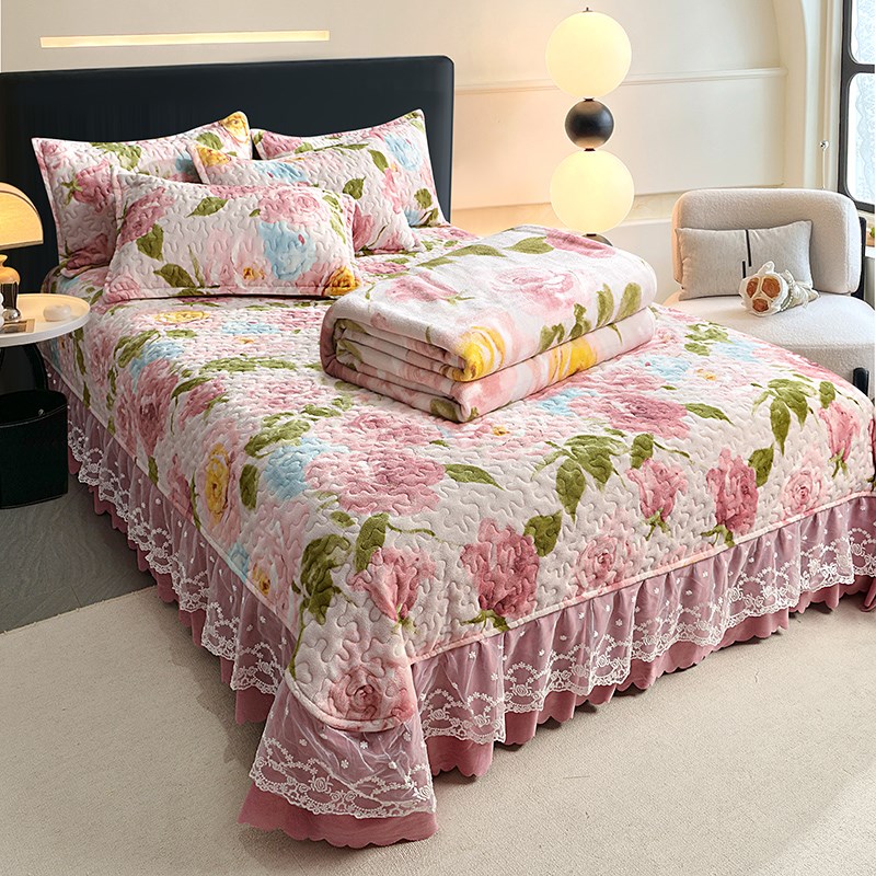 加厚床盖款四件保暖耐脏夹棉防滑床单三件床上绗缝床罩