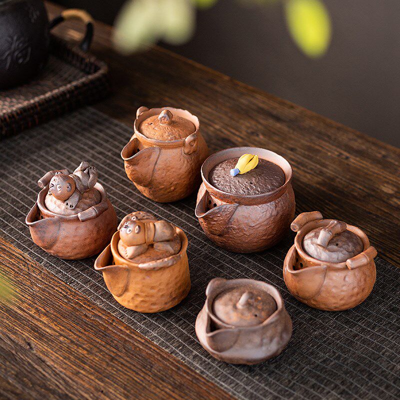 粗陶老岩泥侘寂风家用手工茶壶粗陶迷你泡茶壶防烫手抓壶宝瓶单壶
