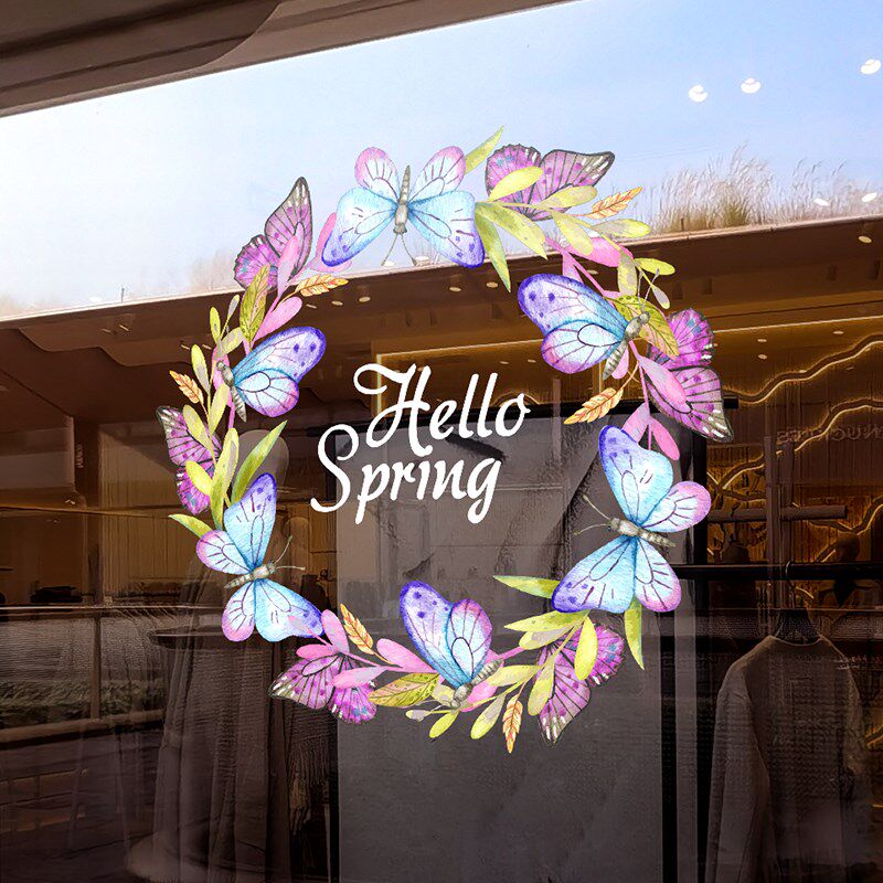 浪漫蝴蝶玻璃门贴纸商场店铺橱窗静电贴画春天花环装饰双面彩色