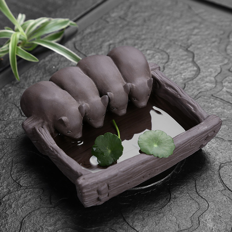 小猪喝水茶宠摆件 精品可养创意手工槽雕塑 紫砂可爱福猪茶玩摆设