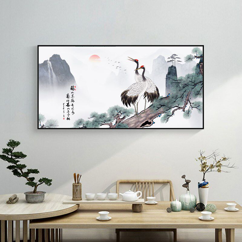松鹤延年客厅山水画挂画床头国画壁画背景墙仙鹤图装饰画中堂画