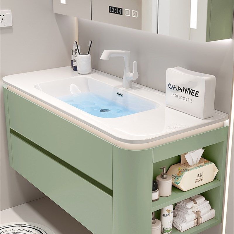 奶油风橡木可丽耐一体盆浴室柜洗手洗脸盆柜组合卫生间实木洗漱台