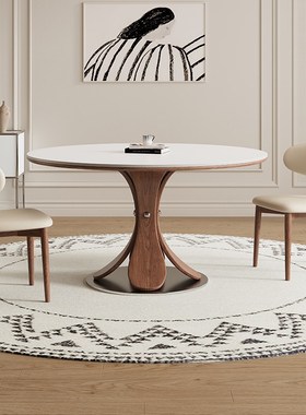 德利丰岩板餐桌家用小户型圆形法式奶油中古风高端全托纯白圆桌子