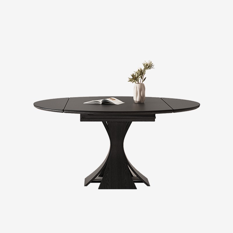 黑色岩板餐桌可伸缩现代简约家用小户型法式复古风圆形实木餐桌椅