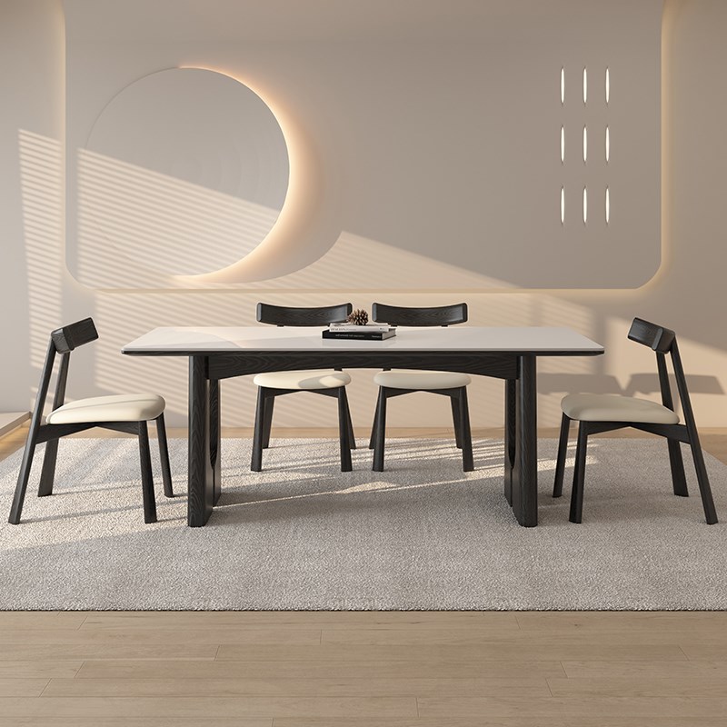 德利丰实木岩板餐桌家用黑色长方形法式复古小户型黑色饭桌椅