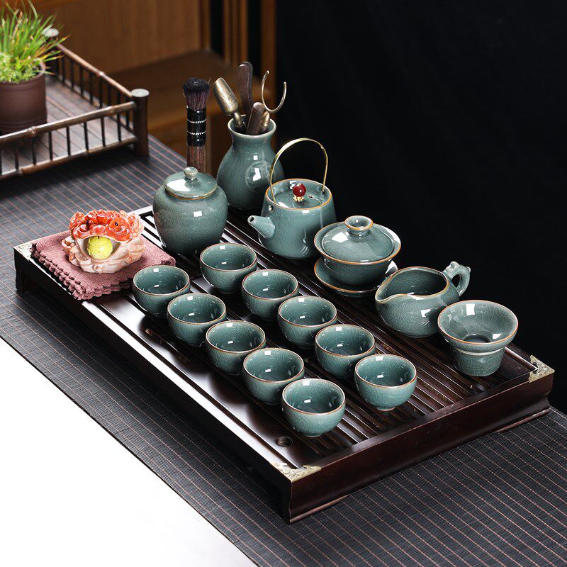 整套功夫茶具紫砂可养家用小套泡茶器实木茶盘套装客厅用中式哥窑