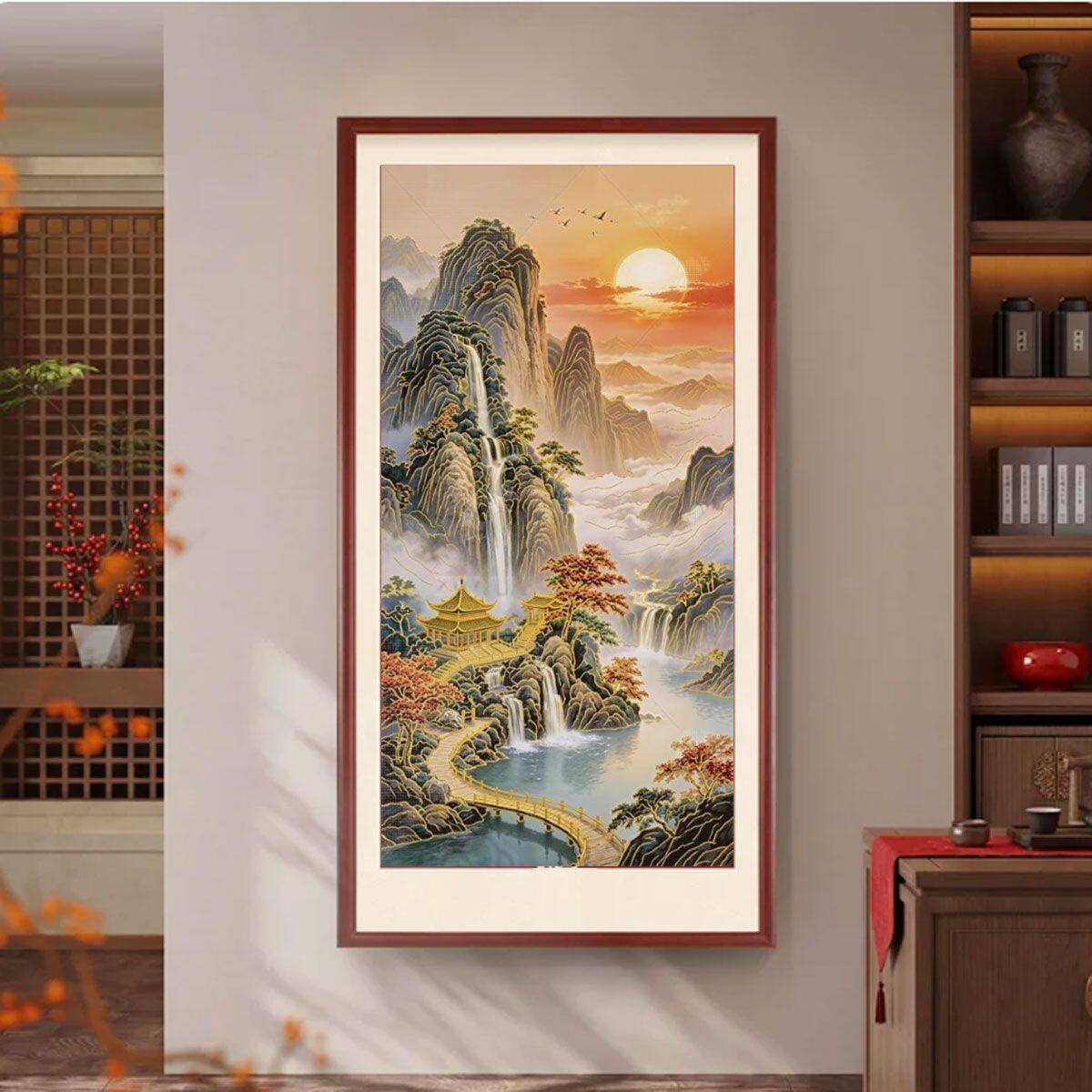 浮雕东墙玄关旭日东升靠山装饰图新中式入户门山水画描金壁画挂画