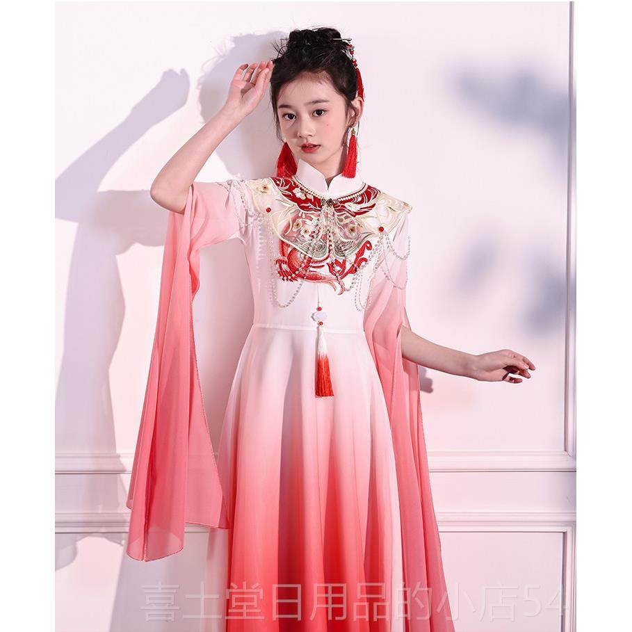 高档女童高端古筝演出服儿童人钢成长版飘琴逸披肩国表演礼服中红