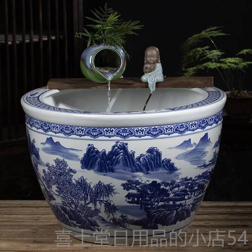 高档型陶流水罐喷泉鱼缸陶水瓷循环造景古法鱼缸客厅阳台落地大水