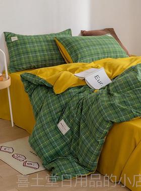 高档n格s子四件套纯棉全棉1i.5/.8床上用品床1笠款单人学生宿舍三