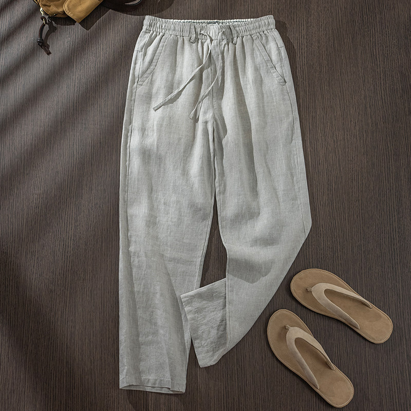 麻尚生活高端亚麻休闲直筒男裤夏季薄款宽松显瘦抽绳系带阔腿裤子