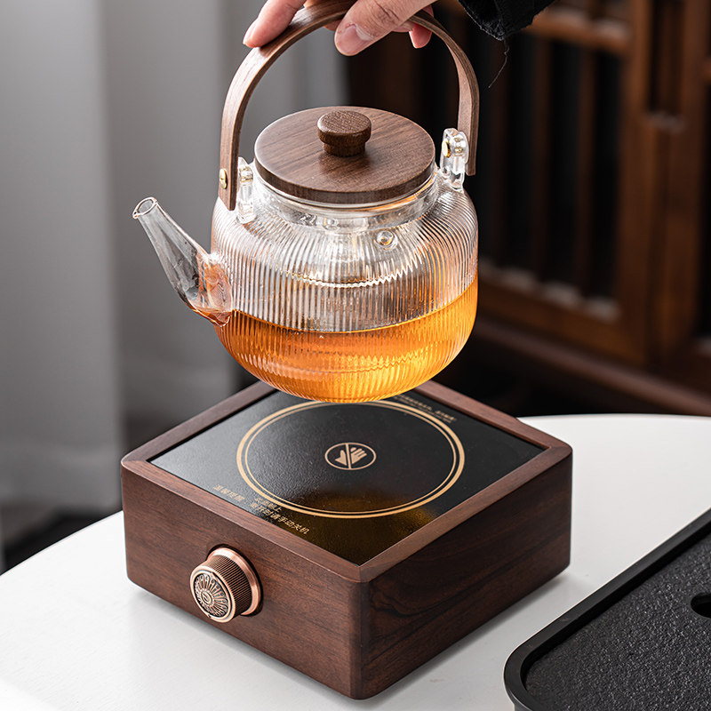 秦艺围炉烤茶家用室内胡桃木电陶炉蒸茶器煮茶炉玻璃烧水茶壶套装