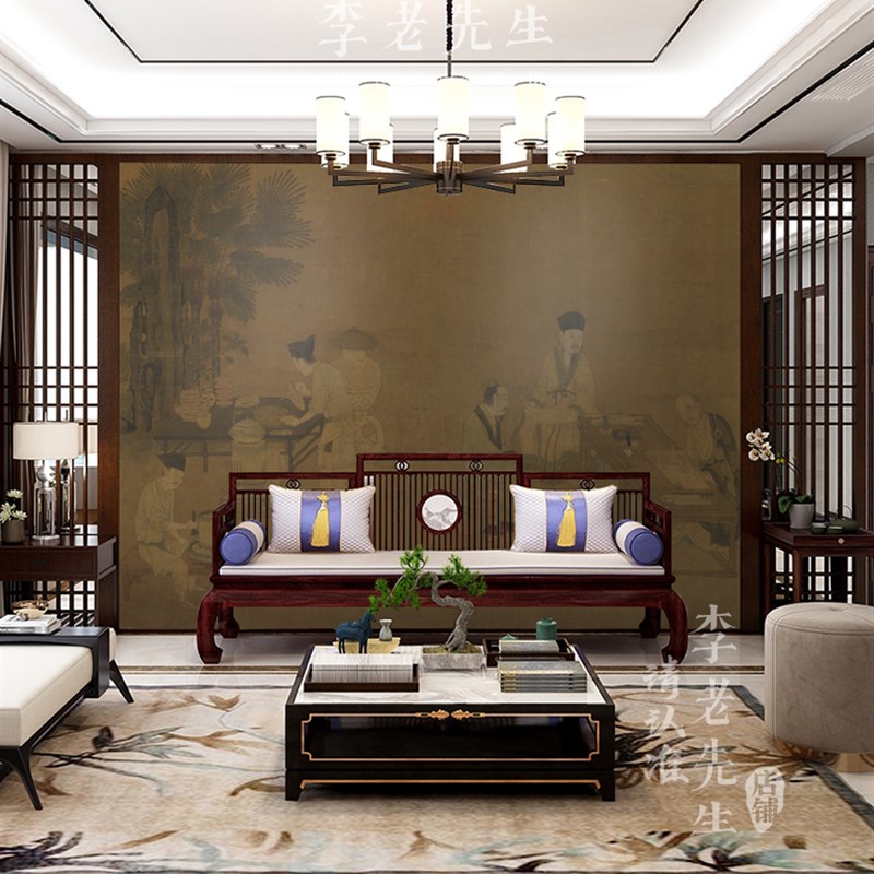 撵茶图壁纸复古国风墙纸茶楼酒店卧室客厅定制壁画餐厅会所背景
