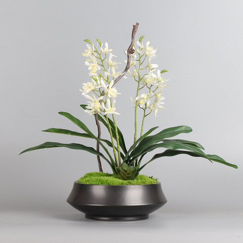 中式永生苔藓仿真蕙兰绿植盆景茶室茶楼玄关茶几花架博古架摆件
