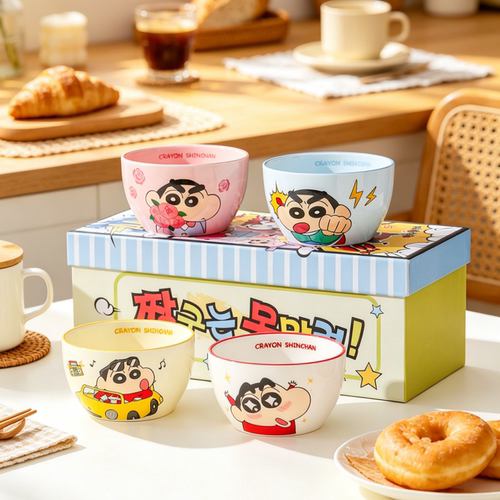 正版授权蜡笔小新日常小食光系列四碗套装礼盒卡通陶瓷儿童餐具