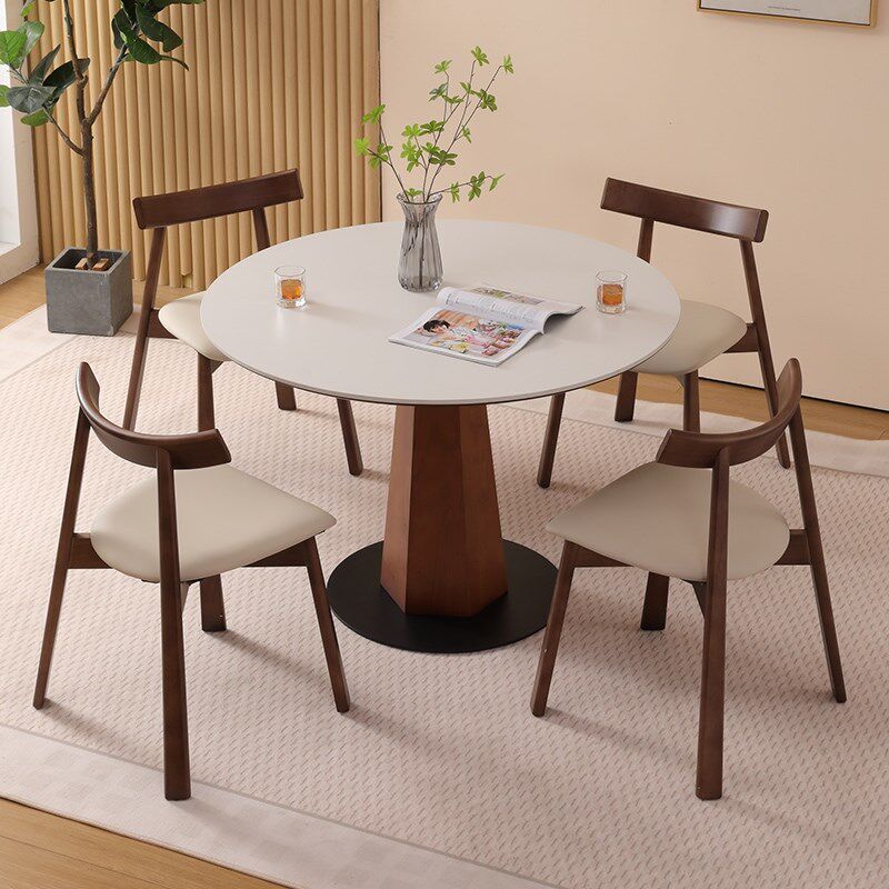 德利丰岩板圆桌法式简约中古风复古小户型纯白胡桃色实木圆形餐桌